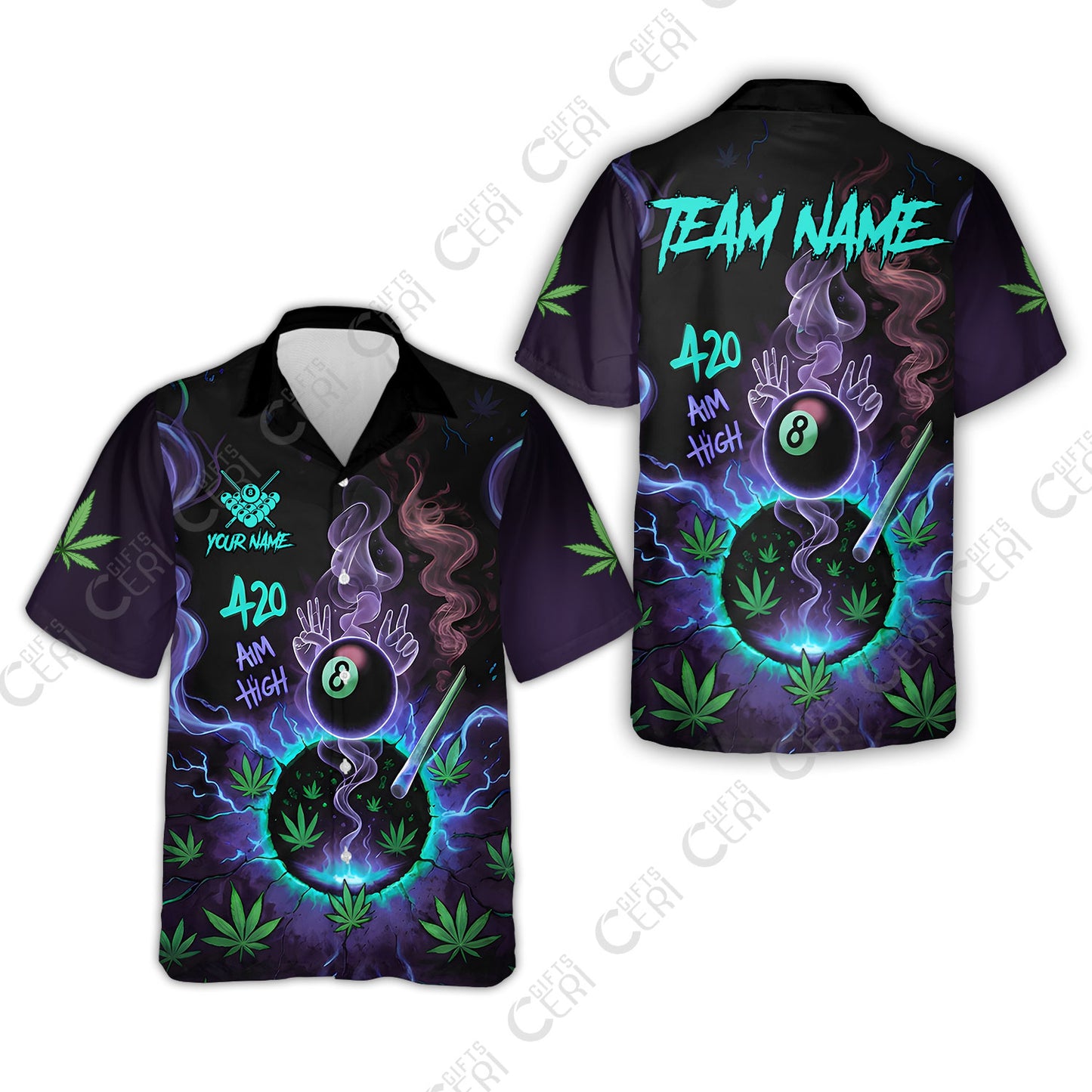 Customized Billiards Hawaiian Shirt, Personalized 420 Aim High 8 Ball Pool Team Jersey Gift For Billiard Players
