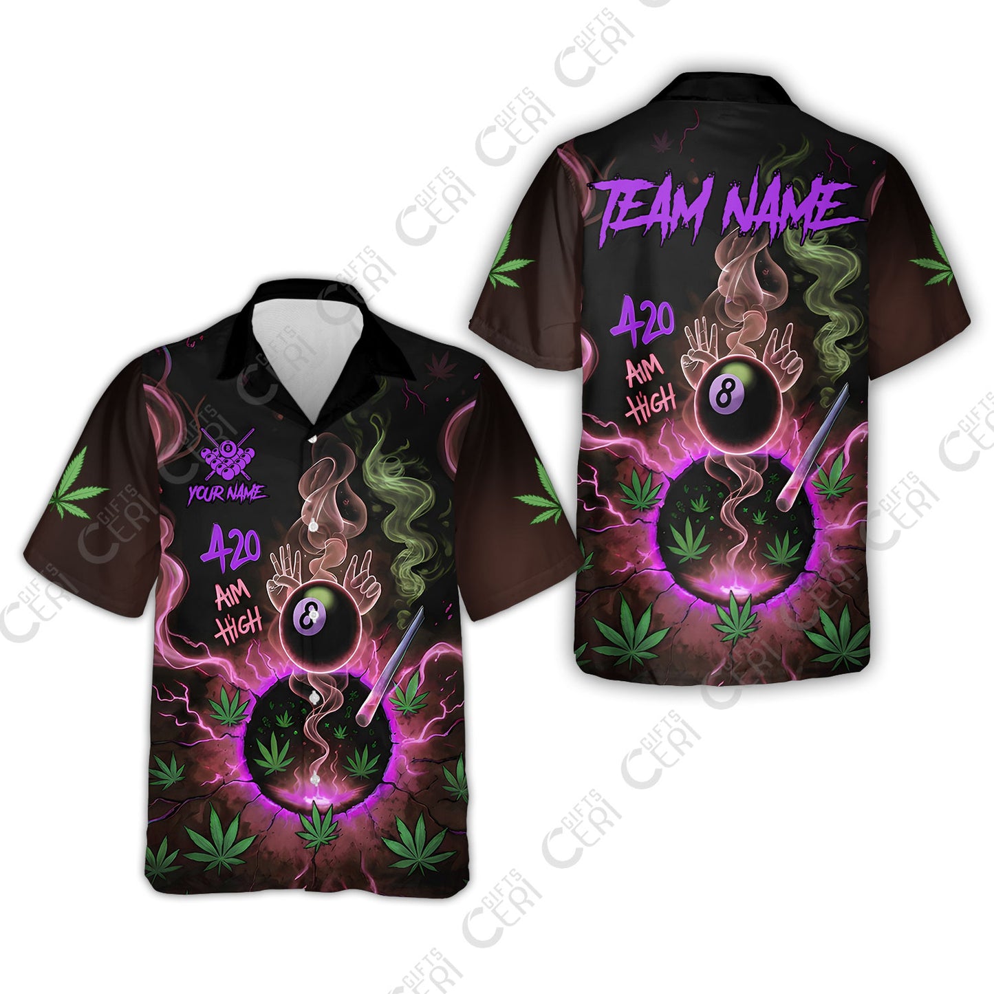 Customized Billiards Hawaiian Shirt, Personalized 420 Aim High 8 Ball Pool Team Jersey Gift For Billiard Players