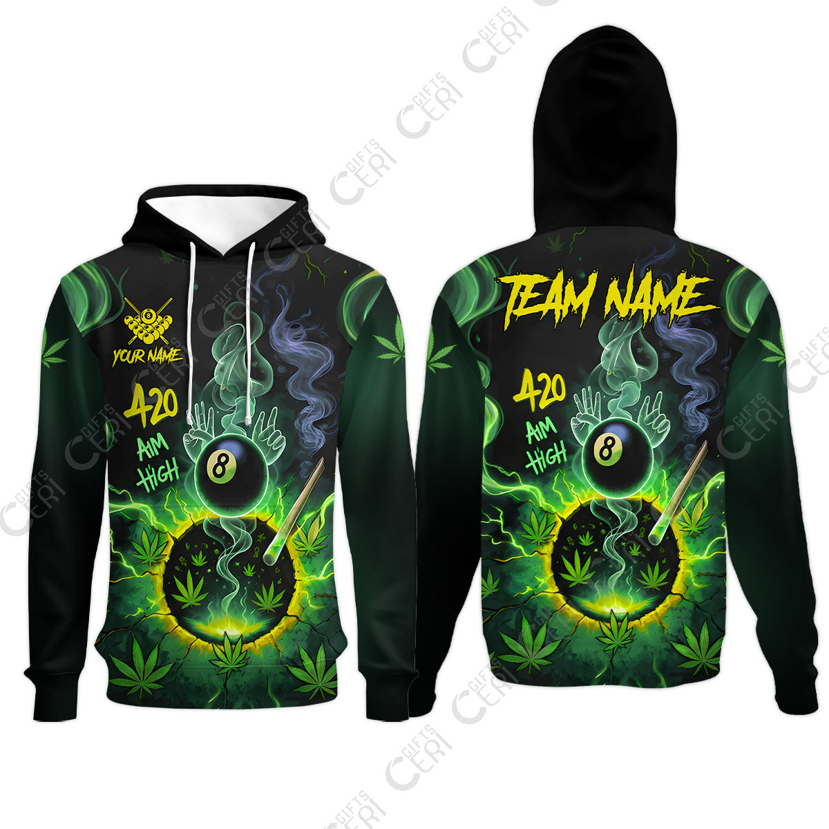 Customized Billiards Hoodies, Personalized 420 Aim High 8 Ball Pool Team Jersey Gift For Billiard Players