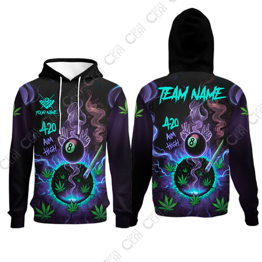 Customized Billiards Hoodies, Personalized 420 Aim High 8 Ball Pool Team Jersey Gift For Billiard Players
