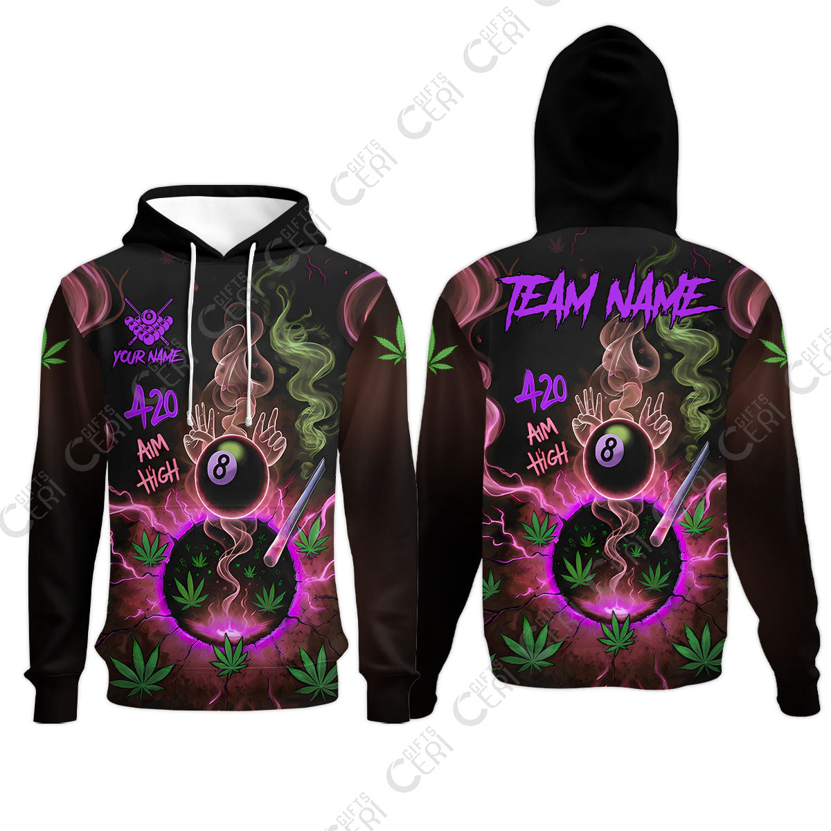 Customized Billiards Hoodies, Personalized 420 Aim High 8 Ball Pool Team Jersey Gift For Billiard Players