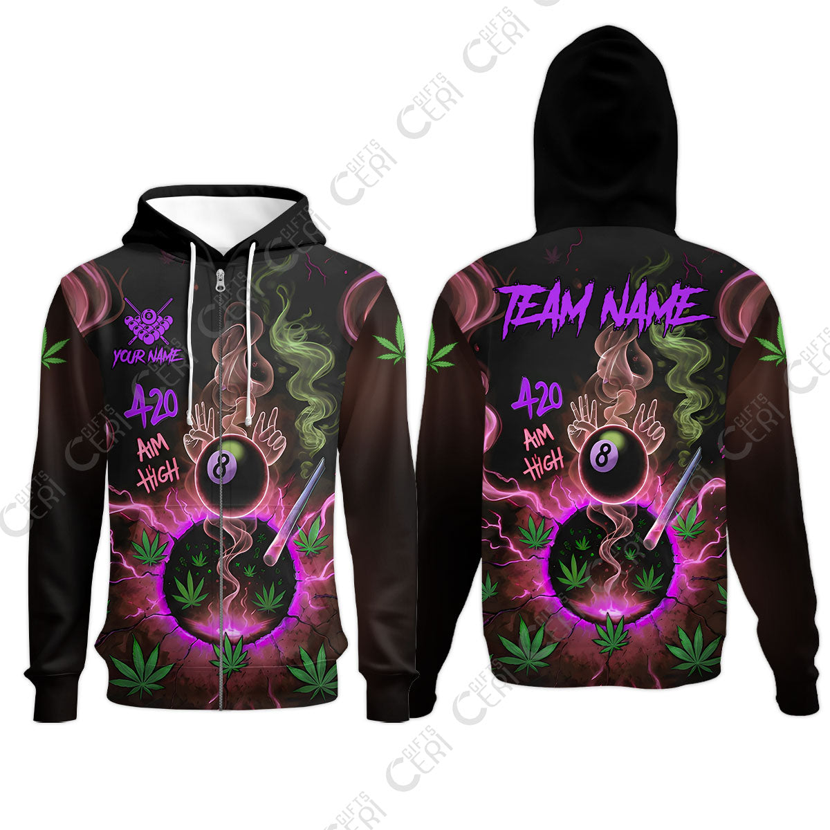 Customized Billiards Zip Hoodies, Personalized 420 Aim High 8 Ball Pool Team Jersey Gift For Billiard Players