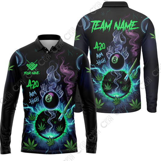 Customized Billiards Long Sleeve Polo Shirt, Personalized 420 Aim High 8 Ball Pool Team Jersey Gift For Billiard Players