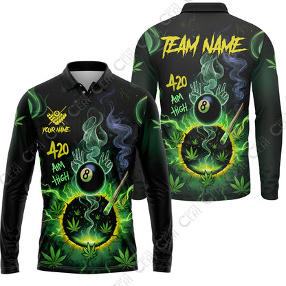 Customized Billiards Long Sleeve Polo Shirt, Personalized 420 Aim High 8 Ball Pool Team Jersey Gift For Billiard Players