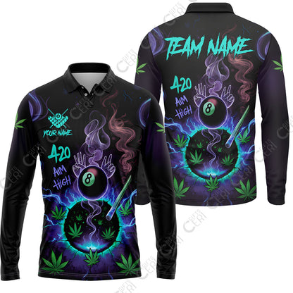 Customized Billiards Long Sleeve Polo Shirt, Personalized 420 Aim High 8 Ball Pool Team Jersey Gift For Billiard Players