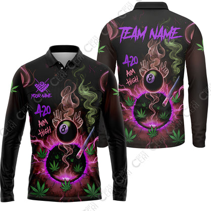 Customized Billiards Long Sleeve Polo Shirt, Personalized 420 Aim High 8 Ball Pool Team Jersey Gift For Billiard Players