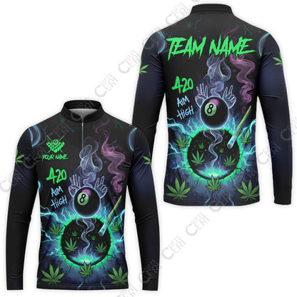 Customized Billiards Stand Collar Quarter-Zip Long Sleeve Jersey, Personalized 420 Aim High 8 Ball Pool Team Jersey