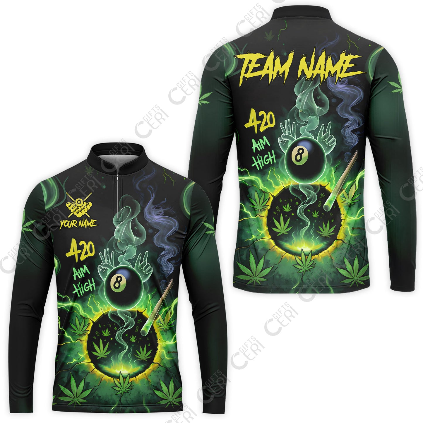 Customized Billiards Stand Collar Quarter-Zip Long Sleeve Jersey, Personalized 420 Aim High 8 Ball Pool Team Jersey