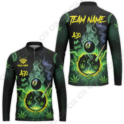 Customized Billiards Stand Collar Quarter-Zip Long Sleeve Jersey, Personalized 420 Aim High 8 Ball Pool Team Jersey