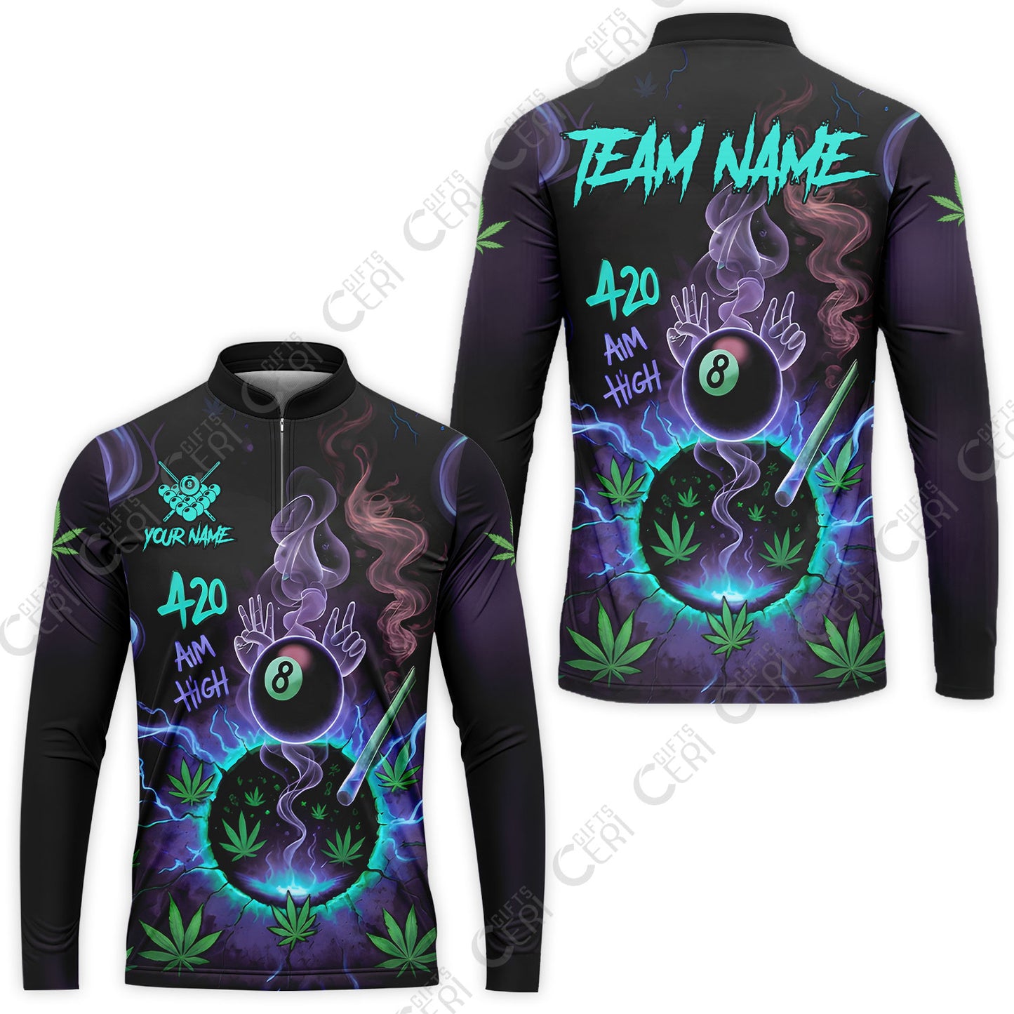 Customized Billiards Stand Collar Quarter-Zip Long Sleeve Jersey, Personalized 420 Aim High 8 Ball Pool Team Jersey