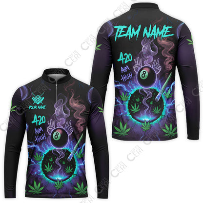 Customized Billiards Stand Collar Quarter-Zip Long Sleeve Jersey, Personalized 420 Aim High 8 Ball Pool Team Jersey