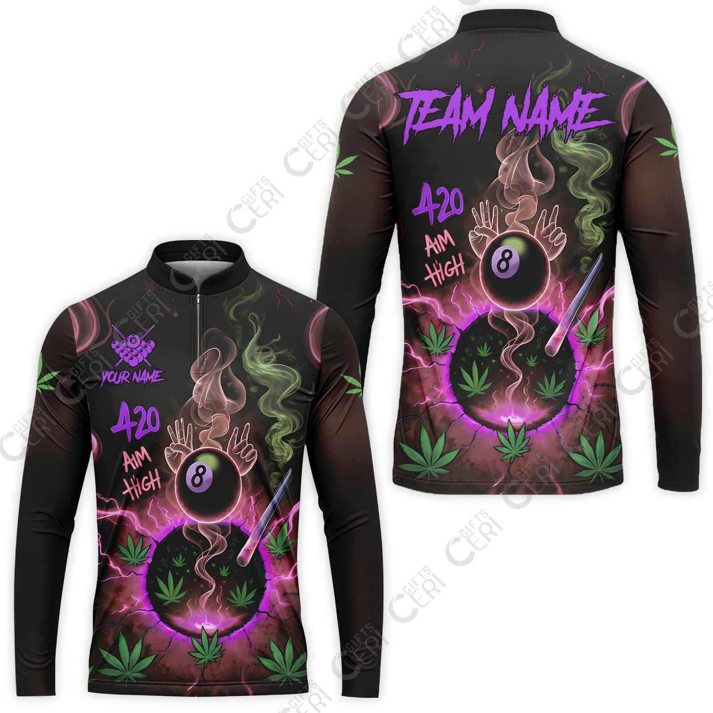 Customized Billiards Stand Collar Quarter-Zip Long Sleeve Jersey, Personalized 420 Aim High 8 Ball Pool Team Jersey