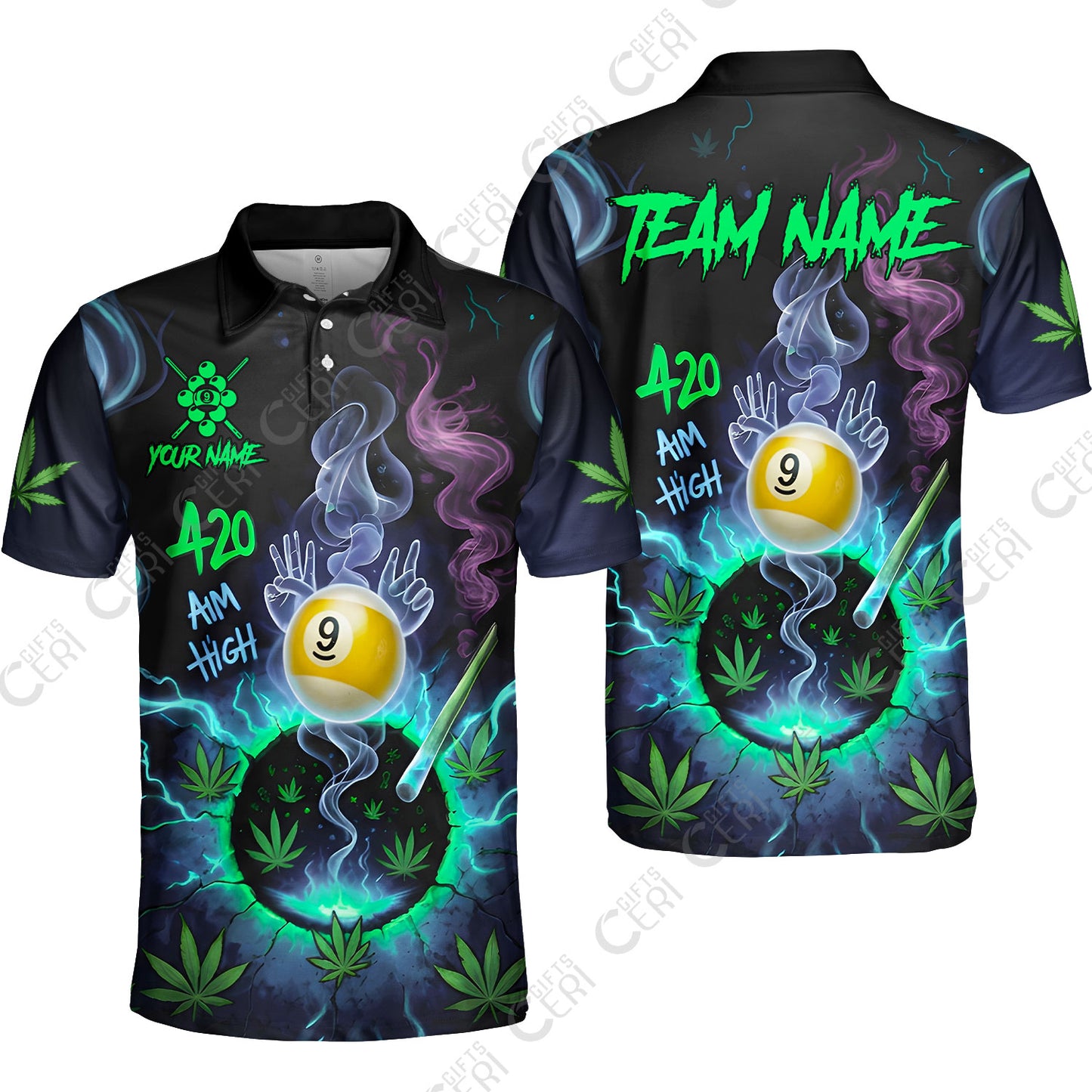 Customized Billiards Unisex Polo Shirt, Personalized 420 Aim High 9 Ball Pool Team Jersey Gift For Billiard Players