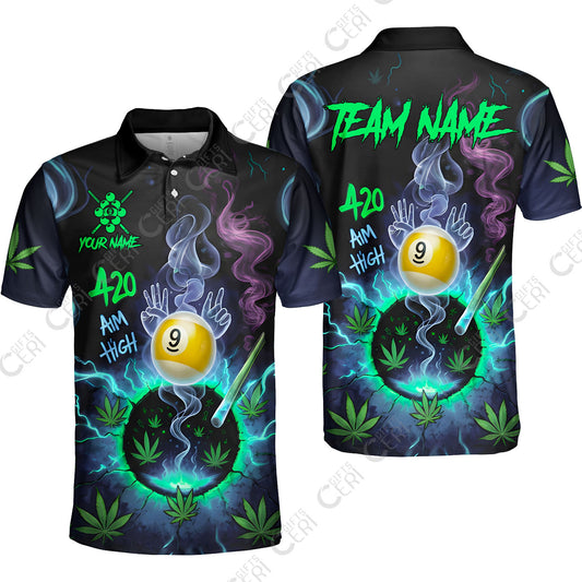Customized Billiards Unisex Polo Shirt, Personalized 420 Aim High 9 Ball Pool Team Jersey Gift For Billiard Players