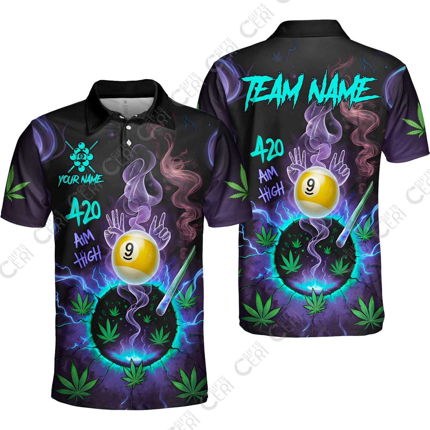 Customized Billiards Unisex Polo Shirt, Personalized 420 Aim High 9 Ball Pool Team Jersey Gift For Billiard Players