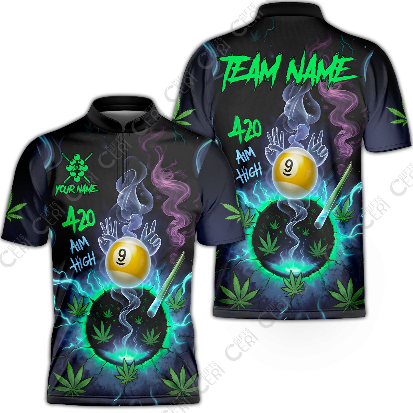 Customized Billiards Stand Collar Quarter-Zip Short Sleeve Jersey, Personalized 420 Aim High 9 Ball Pool Team Jersey