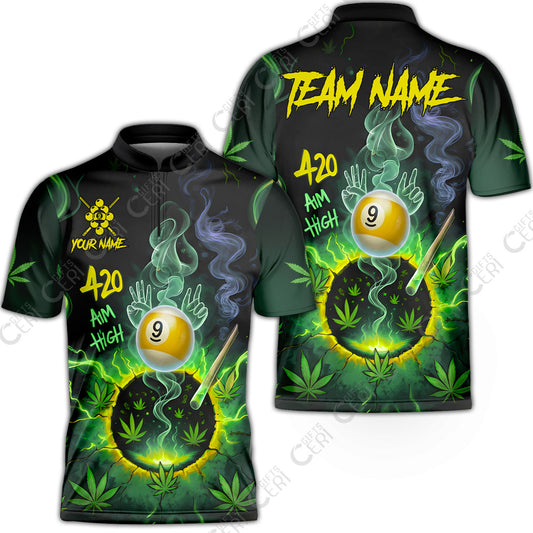 Customized Billiards Stand Collar Quarter-Zip Short Sleeve Jersey, Personalized 420 Aim High 9 Ball Pool Team Jersey
