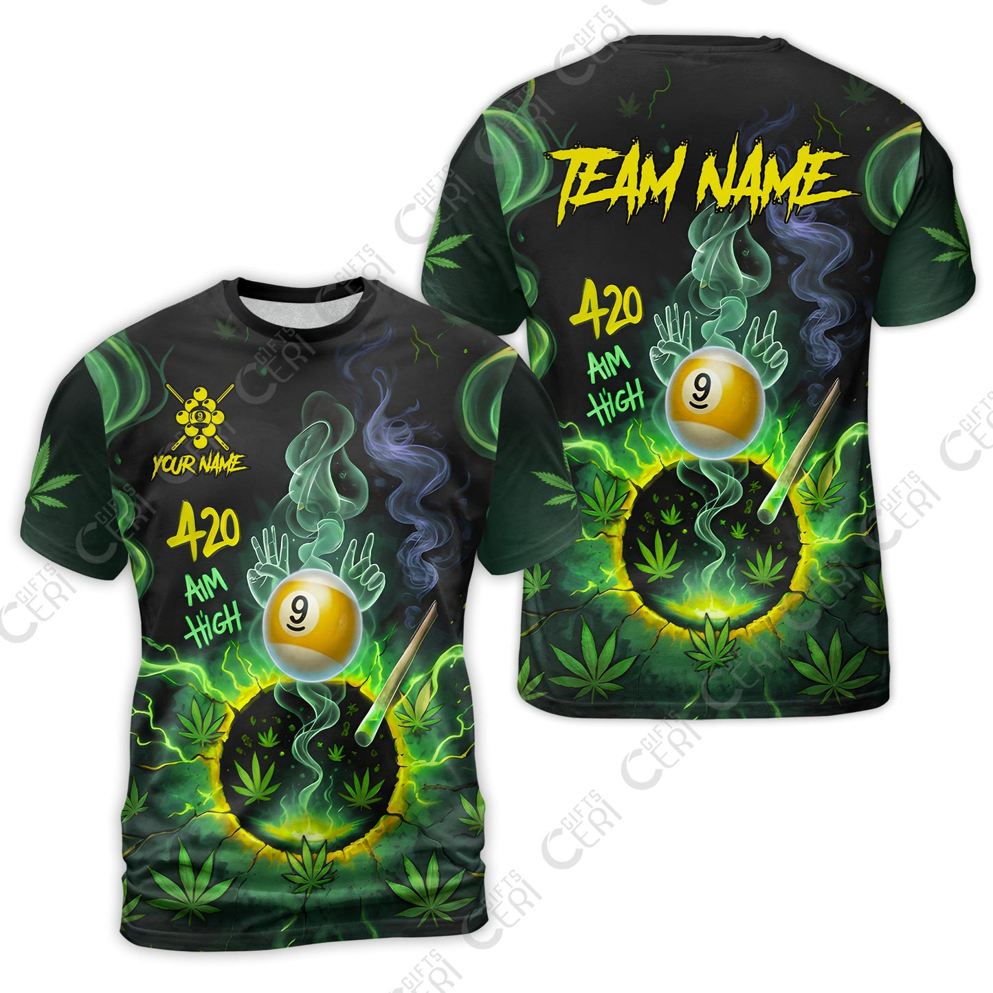 Customized Billiards T-Shirt, Personalized 420 Aim High 9 Ball Pool Team Jersey Gift For Billiard Players