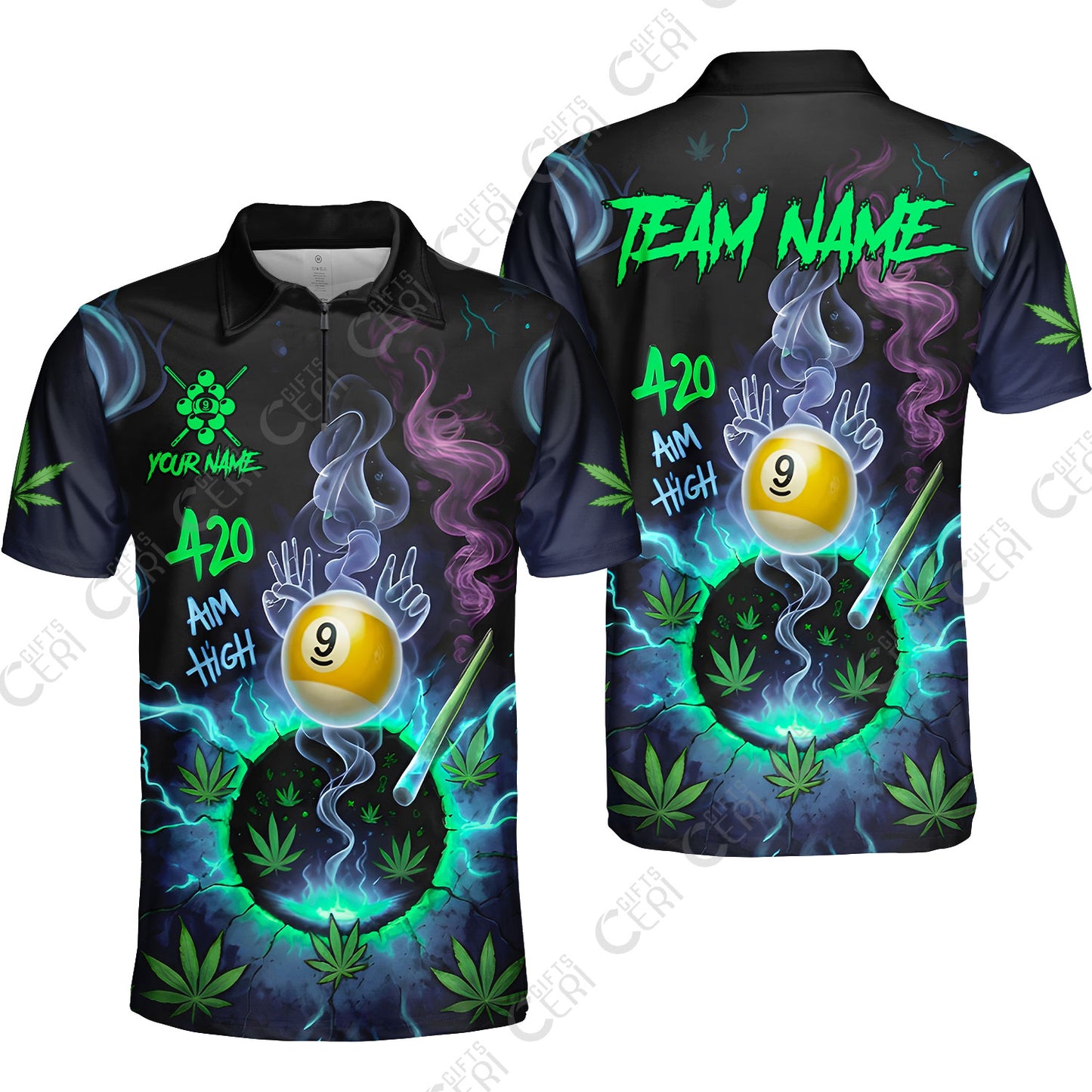 Customized Billiards Quarter-Zip Polo Shirt, Personalized 420 Aim High 9 Ball Pool Team Jersey Gift For Billiard Players