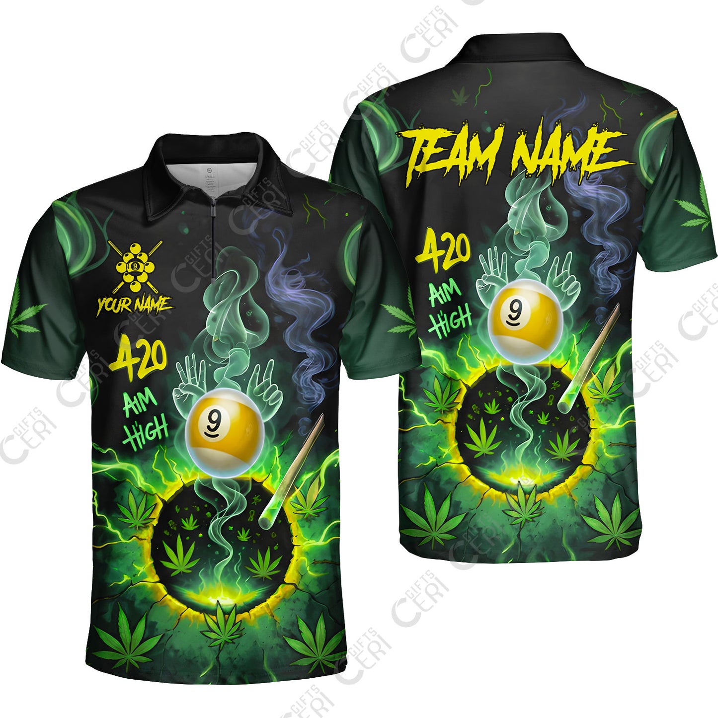 Customized Billiards Quarter-Zip Polo Shirt, Personalized 420 Aim High 9 Ball Pool Team Jersey Gift For Billiard Players