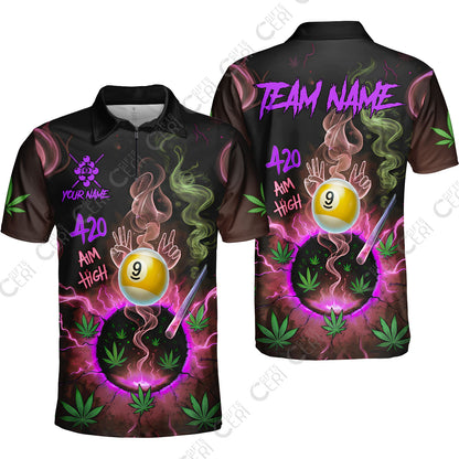 Customized Billiards Quarter-Zip Polo Shirt, Personalized 420 Aim High 9 Ball Pool Team Jersey Gift For Billiard Players
