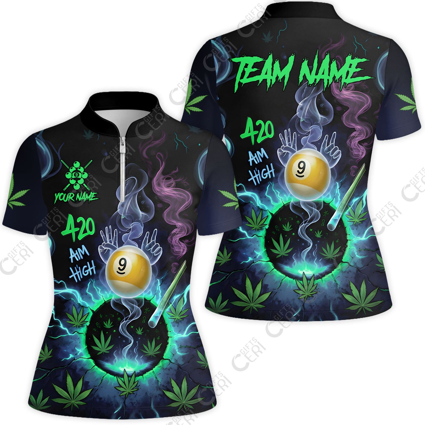 Customized Billiards Stand Collar Quarter Zip Short Sleeve Women's Shirt, Personalized 420 Aim High 9 Ball Pool Team Jersey