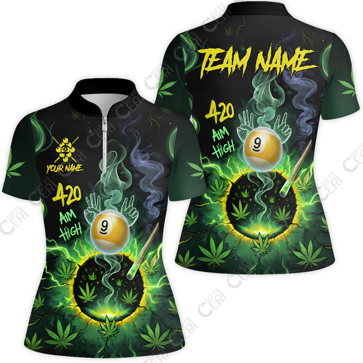 Customized Billiards Stand Collar Quarter Zip Short Sleeve Women's Shirt, Personalized 420 Aim High 9 Ball Pool Team Jersey