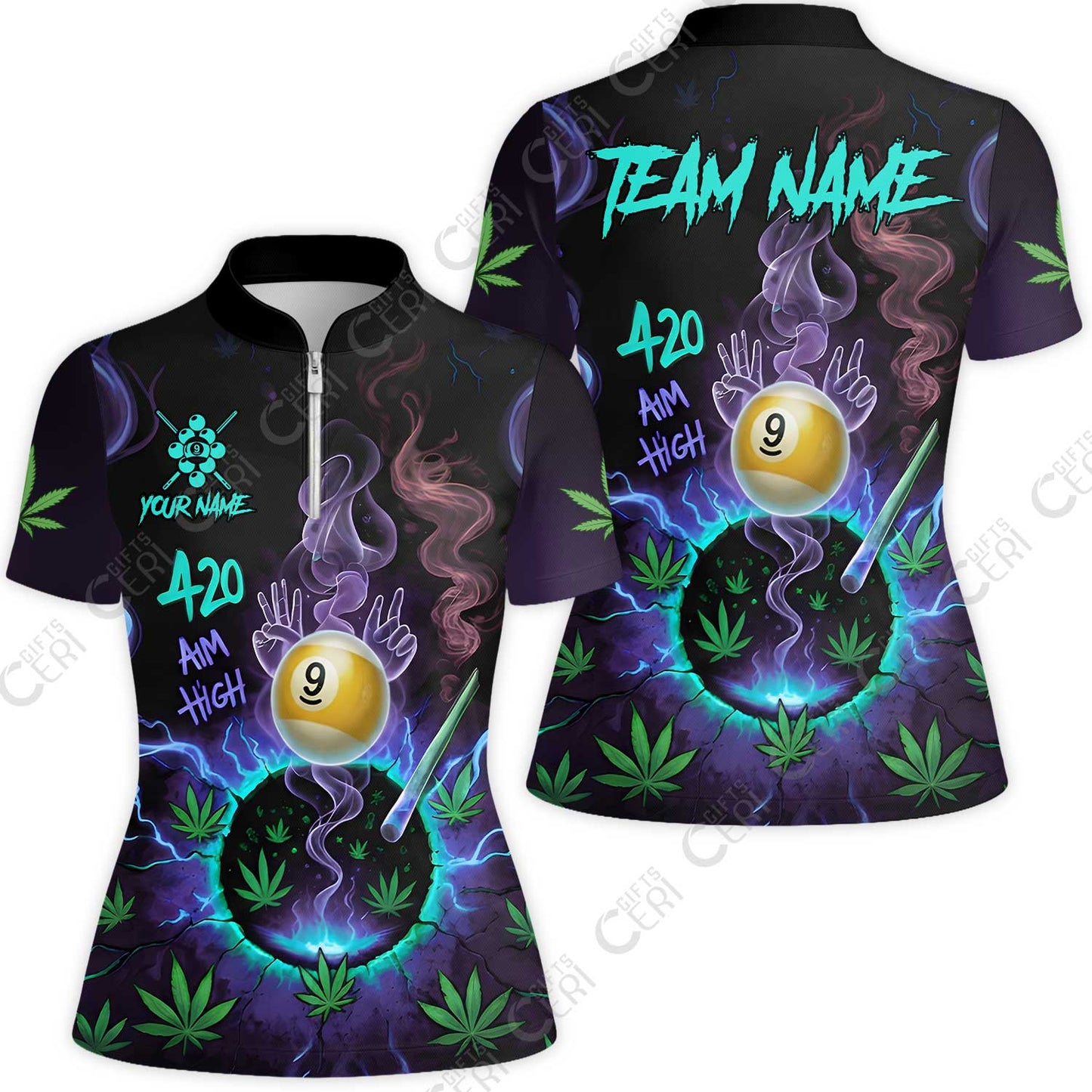 Customized Billiards Stand Collar Quarter Zip Short Sleeve Women's Shirt, Personalized 420 Aim High 9 Ball Pool Team Jersey