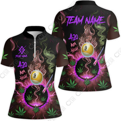 Customized Billiards Stand Collar Quarter Zip Short Sleeve Women's Shirt, Personalized 420 Aim High 9 Ball Pool Team Jersey