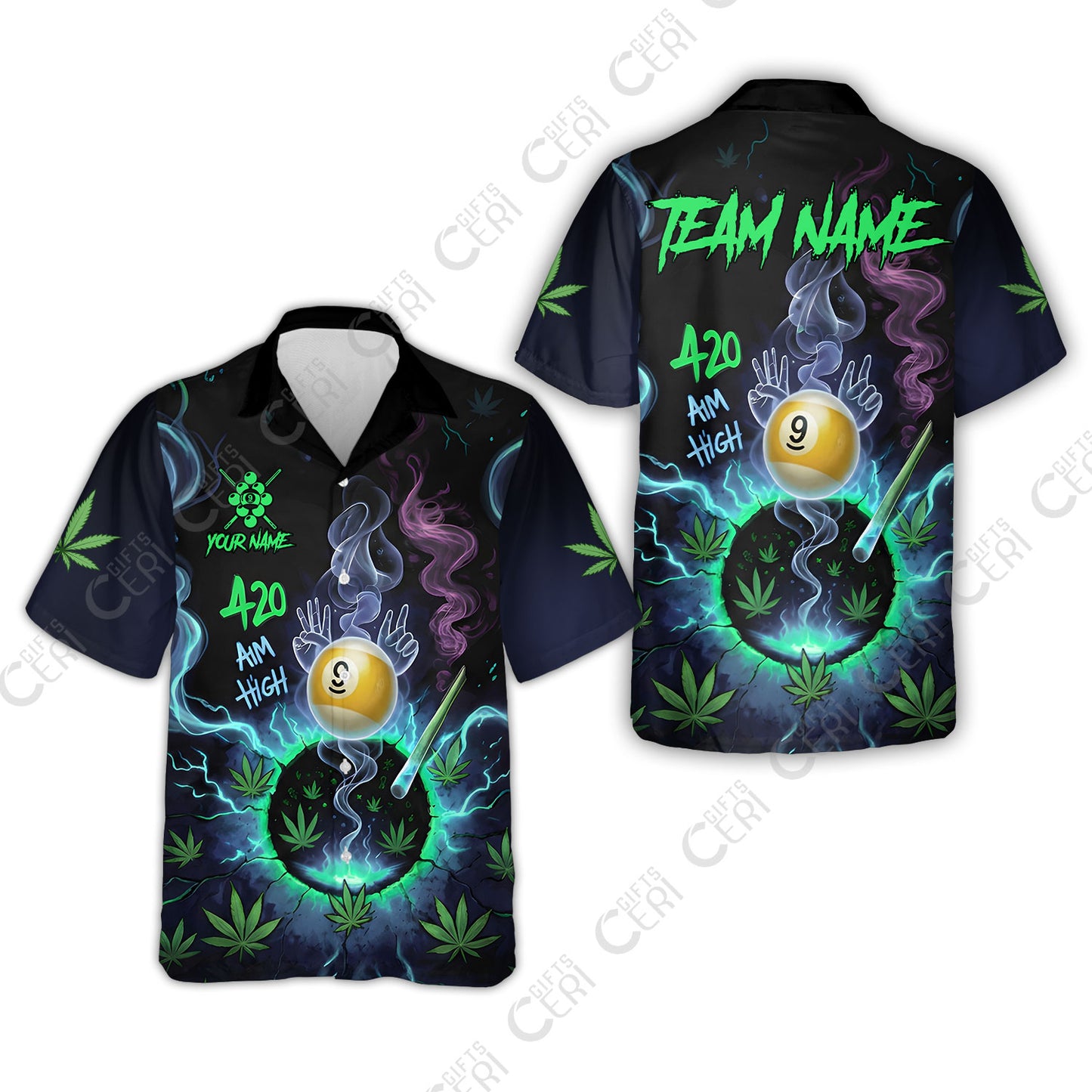 Customized Billiards Hawaiian Shirt, Personalized 420 Aim High 9 Ball Pool Team Jersey Gift For Billiard Players