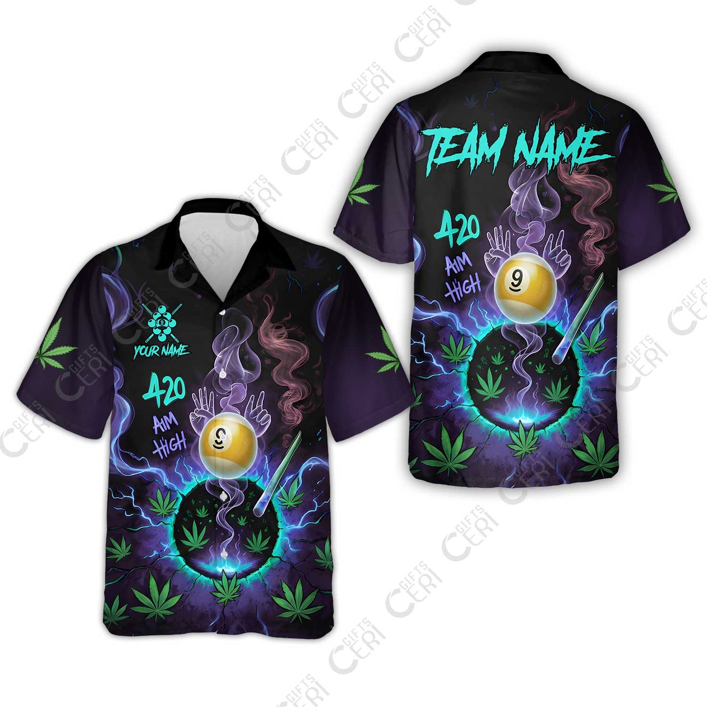 Customized Billiards Hawaiian Shirt, Personalized 420 Aim High 9 Ball Pool Team Jersey Gift For Billiard Players