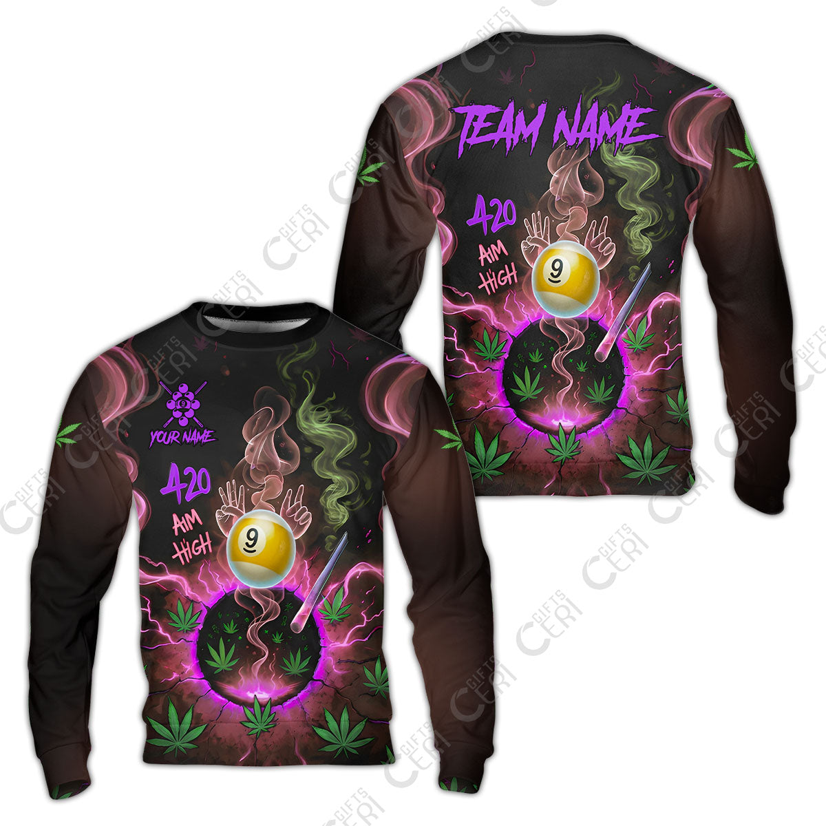 Customized Billiards Sweatshirt, Personalized 420 Aim High 9 Ball Pool Team Jersey Gift For Billiard Players