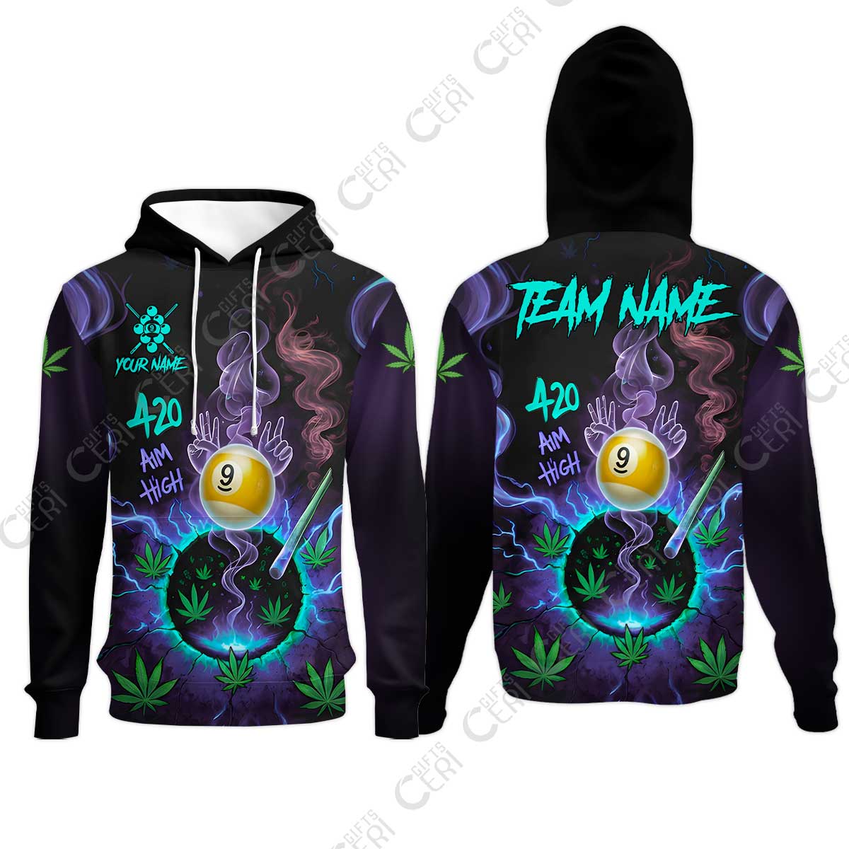 Customized Billiards Hoodies, Personalized 420 Aim High 9 Ball Pool Team Jersey Gift For Billiard Players