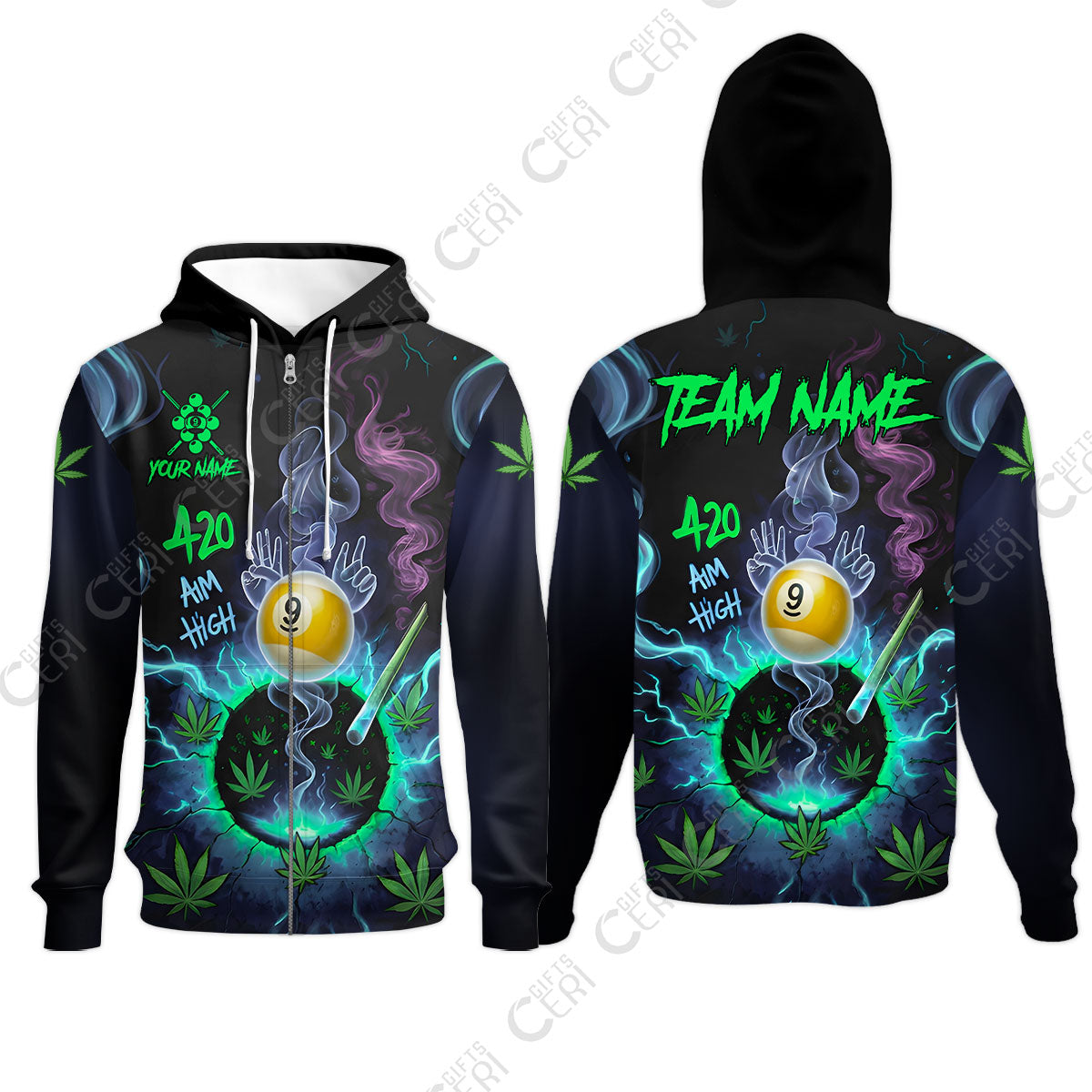Customized Billiards Zip Hoodies, Personalized 420 Aim High 9 Ball Pool Team Jersey Gift For Billiard Players