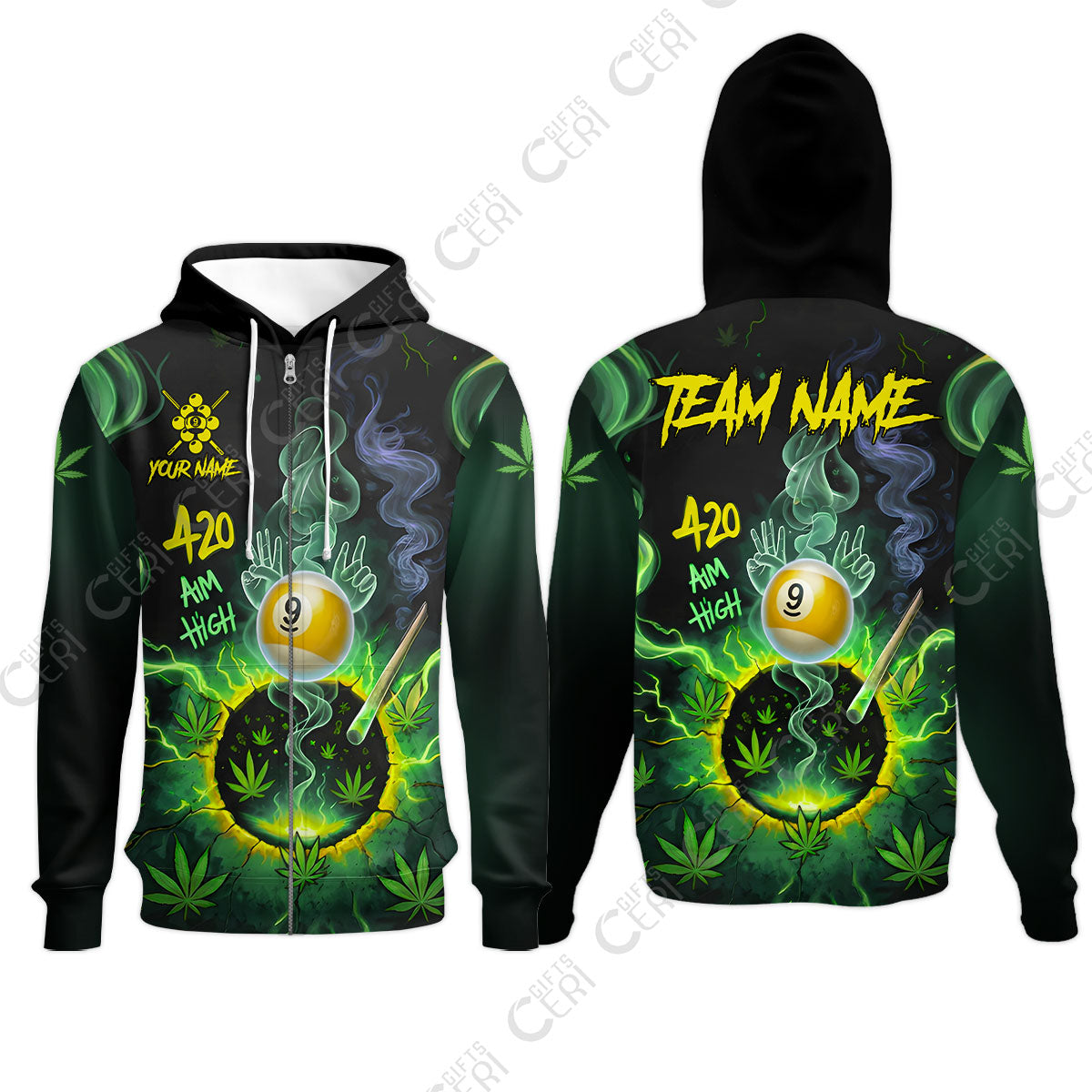 Customized Billiards Zip Hoodies, Personalized 420 Aim High 9 Ball Pool Team Jersey Gift For Billiard Players