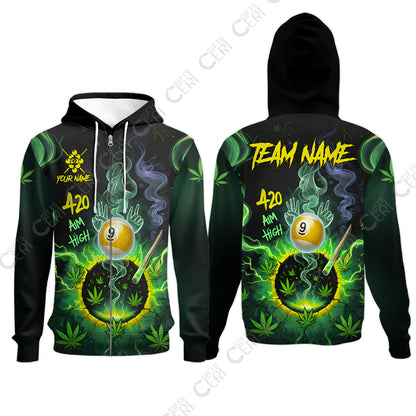 Customized Billiards Zip Hoodies, Personalized 420 Aim High 9 Ball Pool Team Jersey Gift For Billiard Players