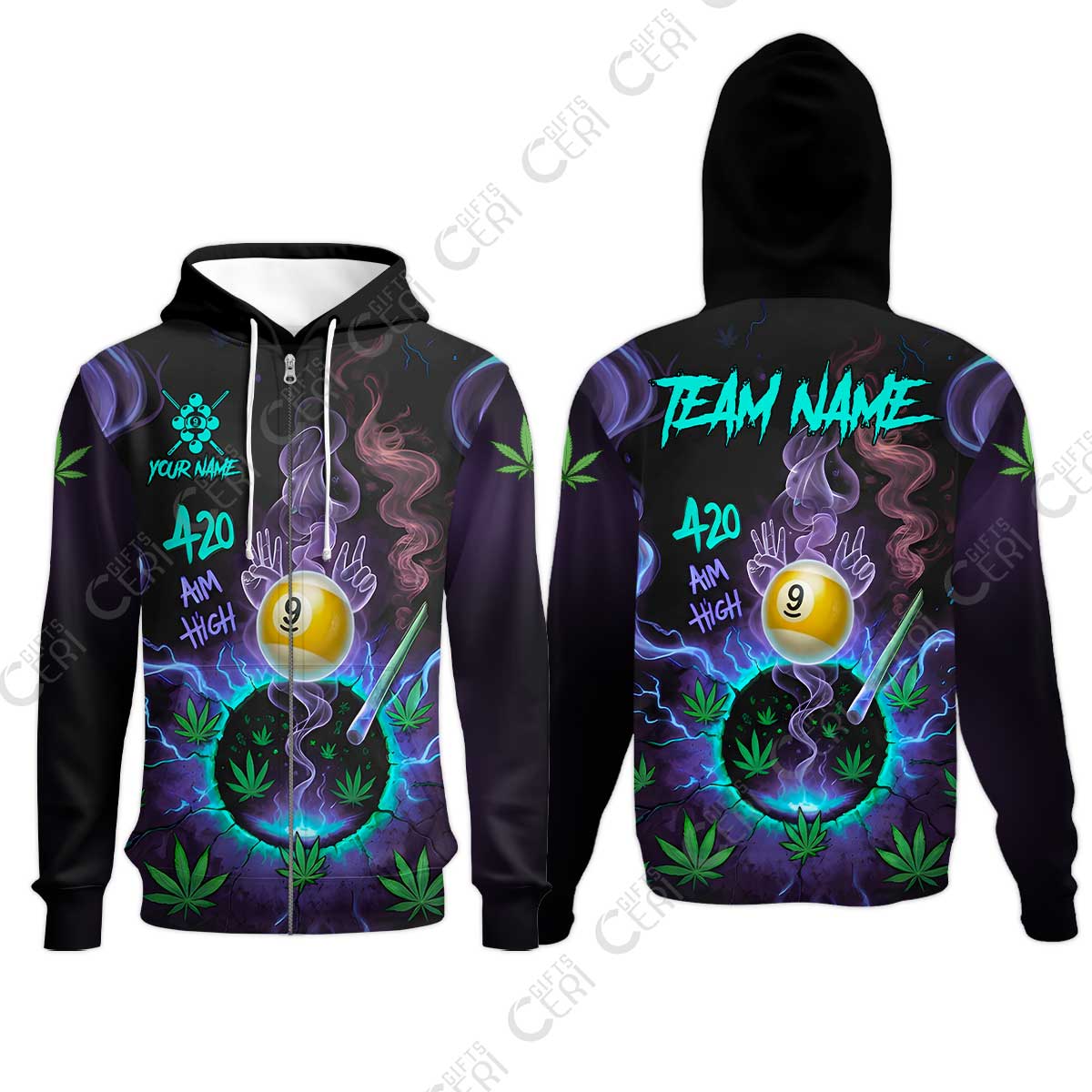 Customized Billiards Zip Hoodies, Personalized 420 Aim High 9 Ball Pool Team Jersey Gift For Billiard Players