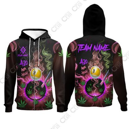 Customized Billiards Zip Hoodies, Personalized 420 Aim High 9 Ball Pool Team Jersey Gift For Billiard Players