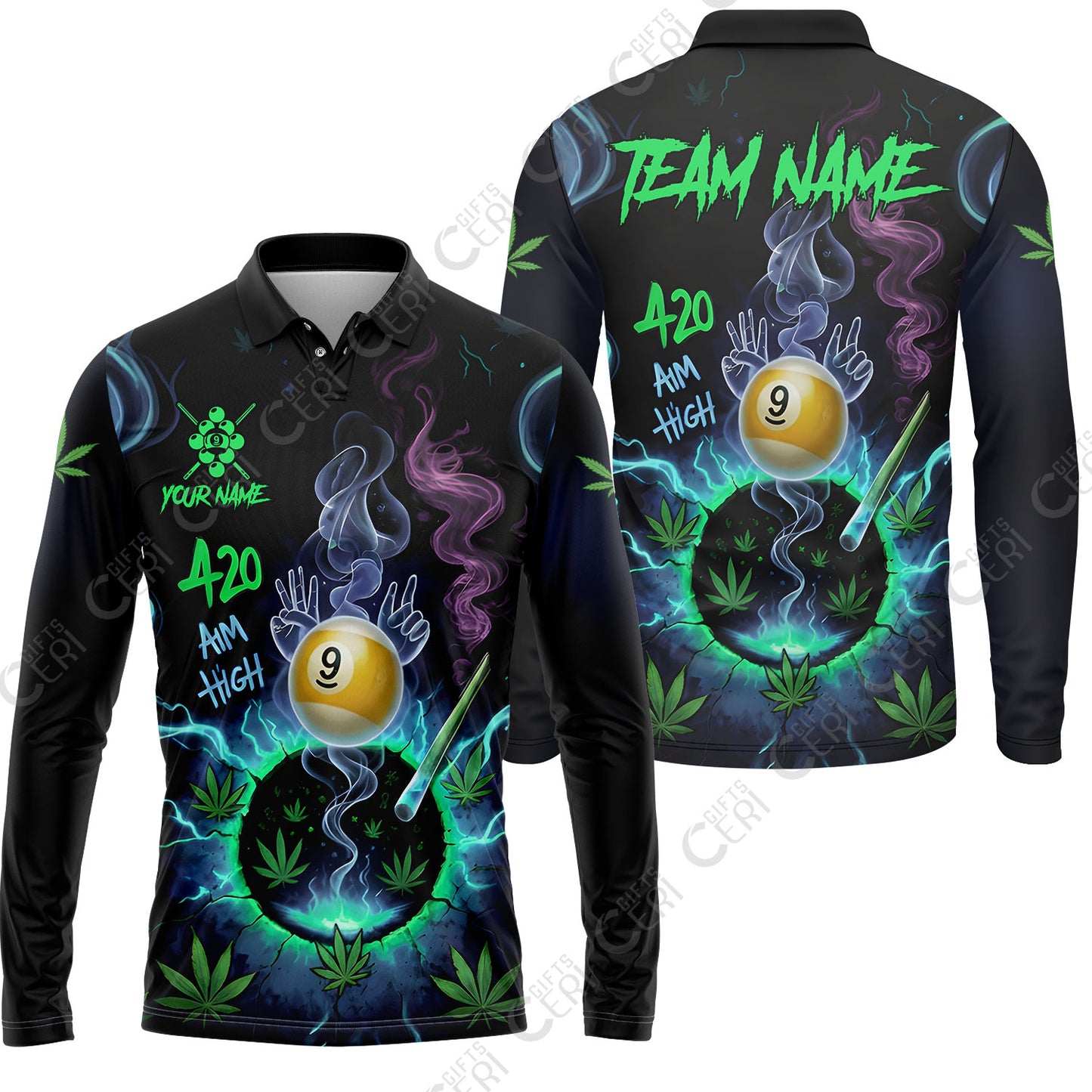 Customized Billiards Long Sleeve Polo Shirt, Personalized 420 Aim High 9 Ball Pool Team Jersey Gift For Billiard Players