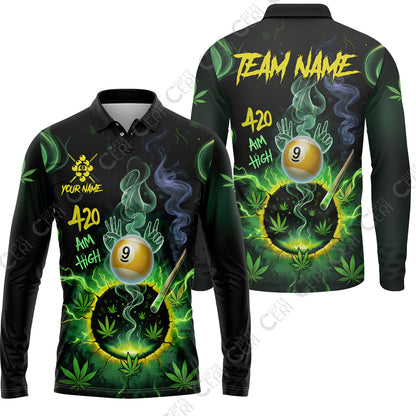 Customized Billiards Long Sleeve Polo Shirt, Personalized 420 Aim High 9 Ball Pool Team Jersey Gift For Billiard Players