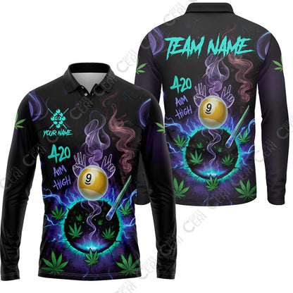 Customized Billiards Long Sleeve Polo Shirt, Personalized 420 Aim High 9 Ball Pool Team Jersey Gift For Billiard Players