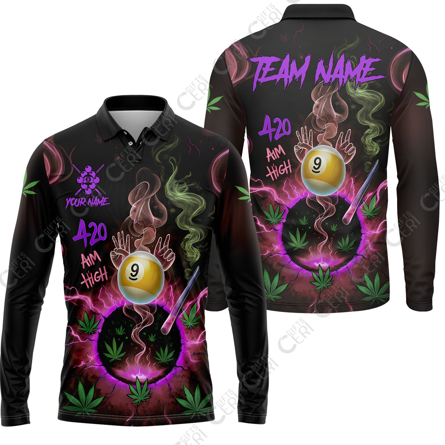 Customized Billiards Long Sleeve Polo Shirt, Personalized 420 Aim High 9 Ball Pool Team Jersey Gift For Billiard Players