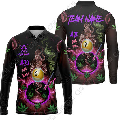Customized Billiards Long Sleeve Polo Shirt, Personalized 420 Aim High 9 Ball Pool Team Jersey Gift For Billiard Players