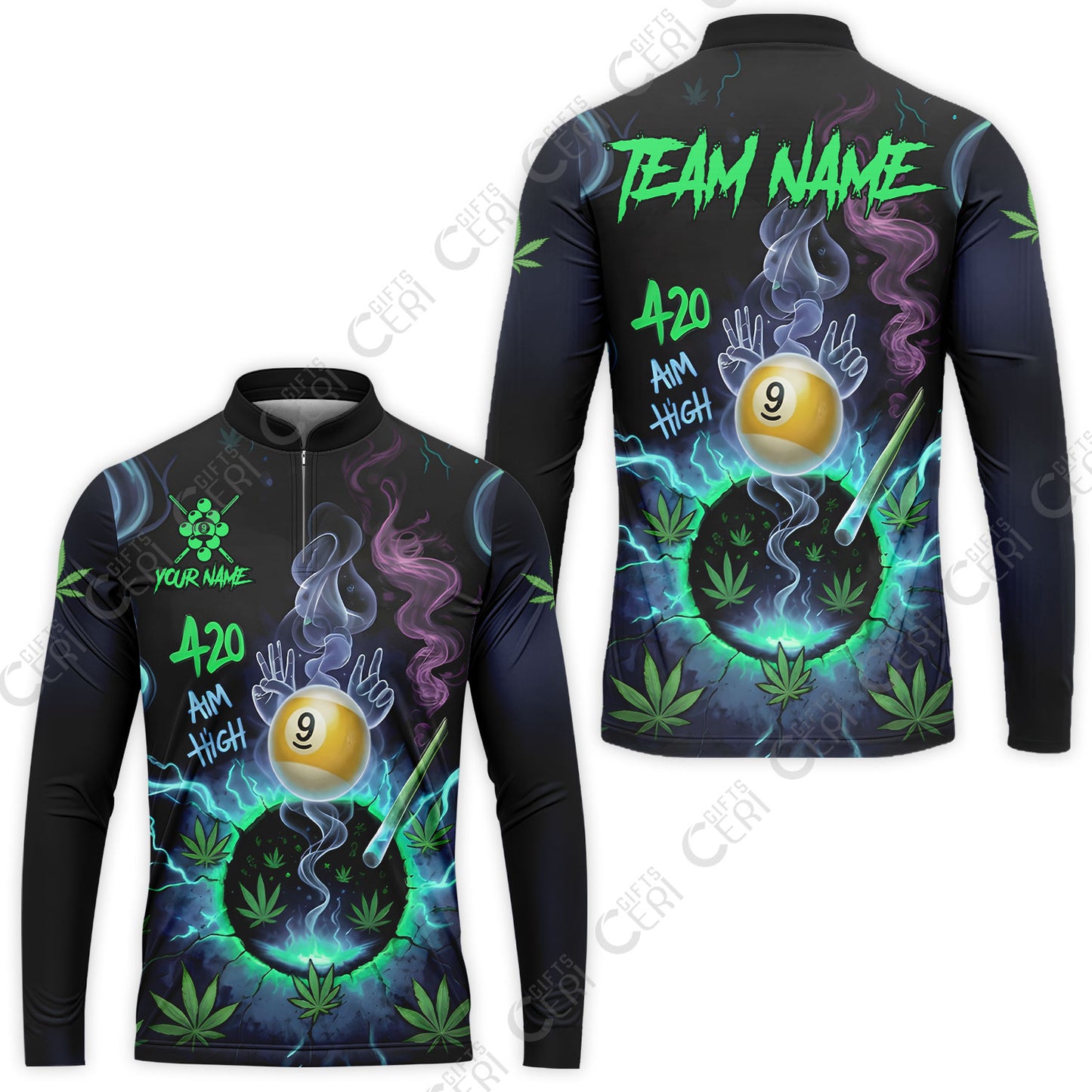 Customized Billiards Stand Collar Quarter-Zip Long Sleeve Jersey, Personalized 420 Aim High 9 Ball Pool Team Jersey