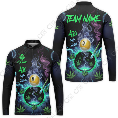 Customized Billiards Stand Collar Quarter-Zip Long Sleeve Jersey, Personalized 420 Aim High 9 Ball Pool Team Jersey