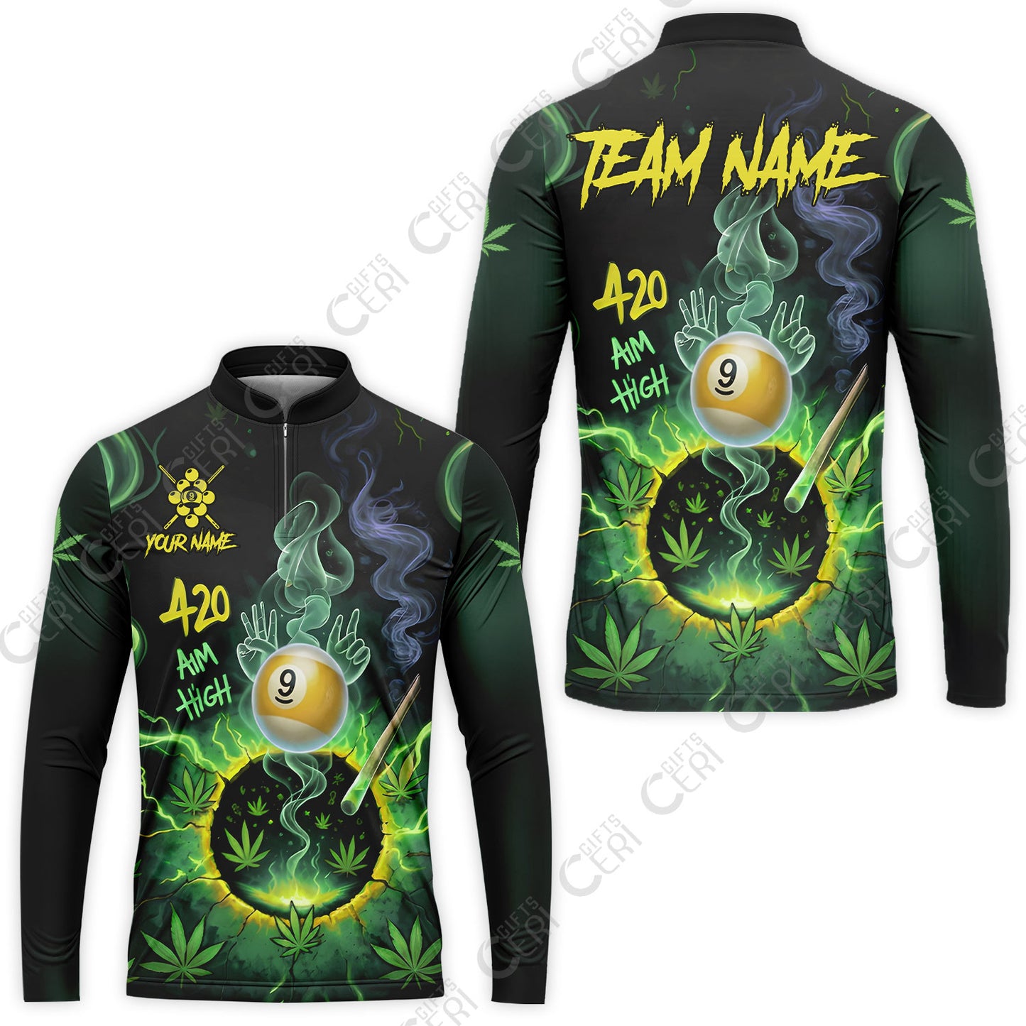 Customized Billiards Stand Collar Quarter-Zip Long Sleeve Jersey, Personalized 420 Aim High 9 Ball Pool Team Jersey