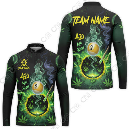 Customized Billiards Stand Collar Quarter-Zip Long Sleeve Jersey, Personalized 420 Aim High 9 Ball Pool Team Jersey