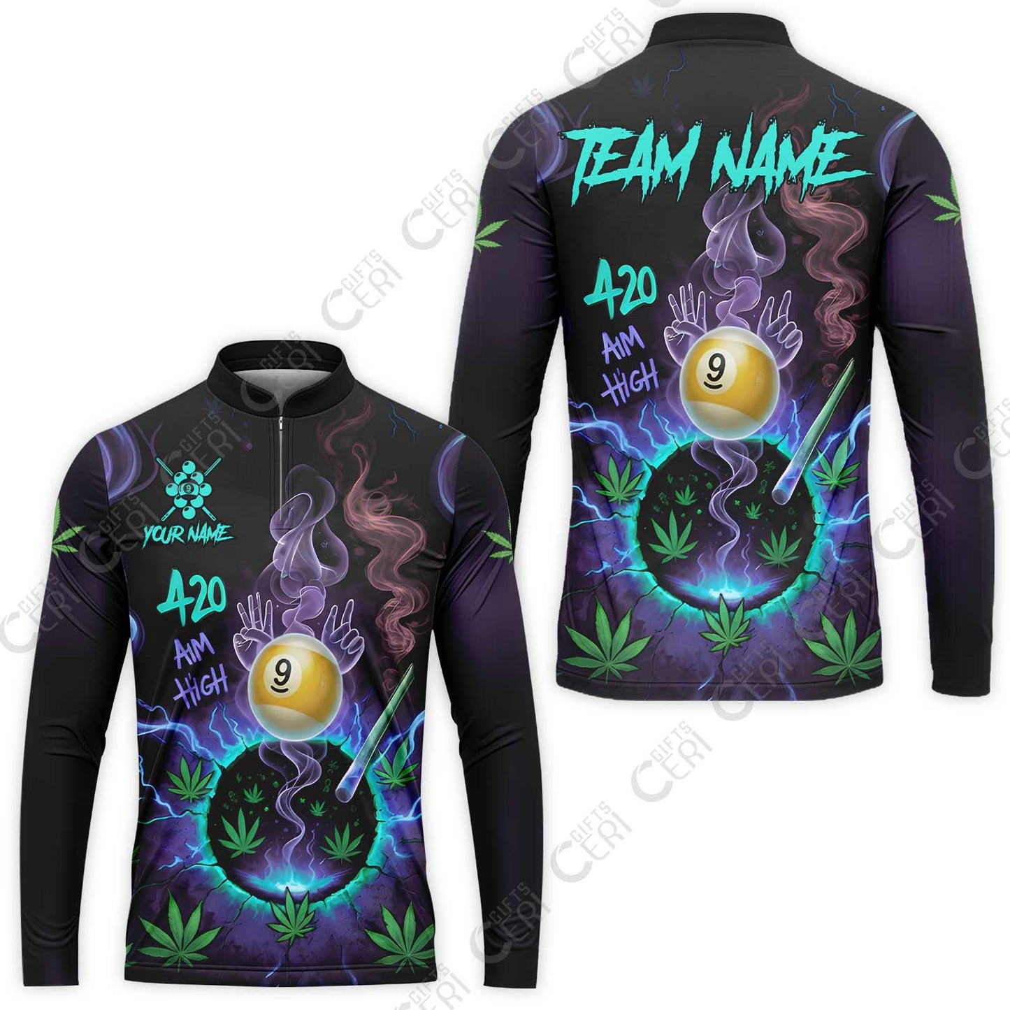 Customized Billiards Stand Collar Quarter-Zip Long Sleeve Jersey, Personalized 420 Aim High 9 Ball Pool Team Jersey