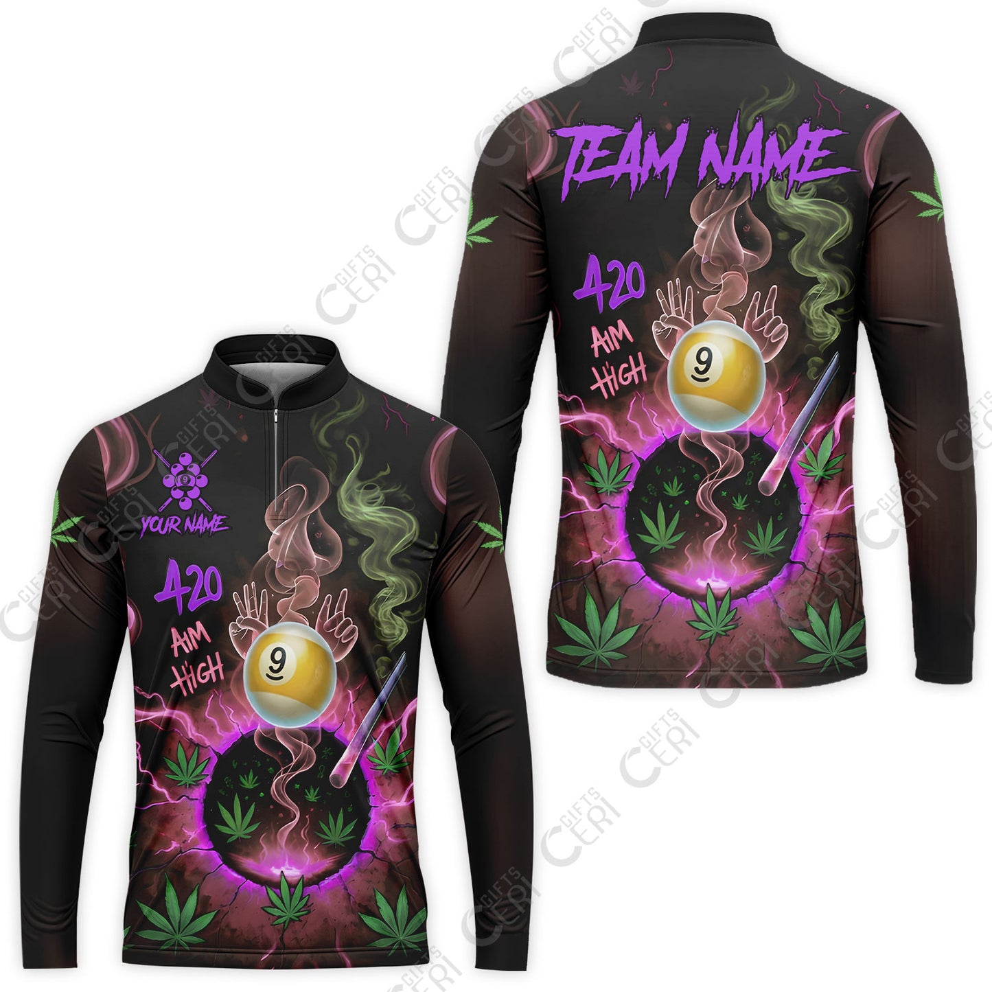 Customized Billiards Stand Collar Quarter-Zip Long Sleeve Jersey, Personalized 420 Aim High 9 Ball Pool Team Jersey