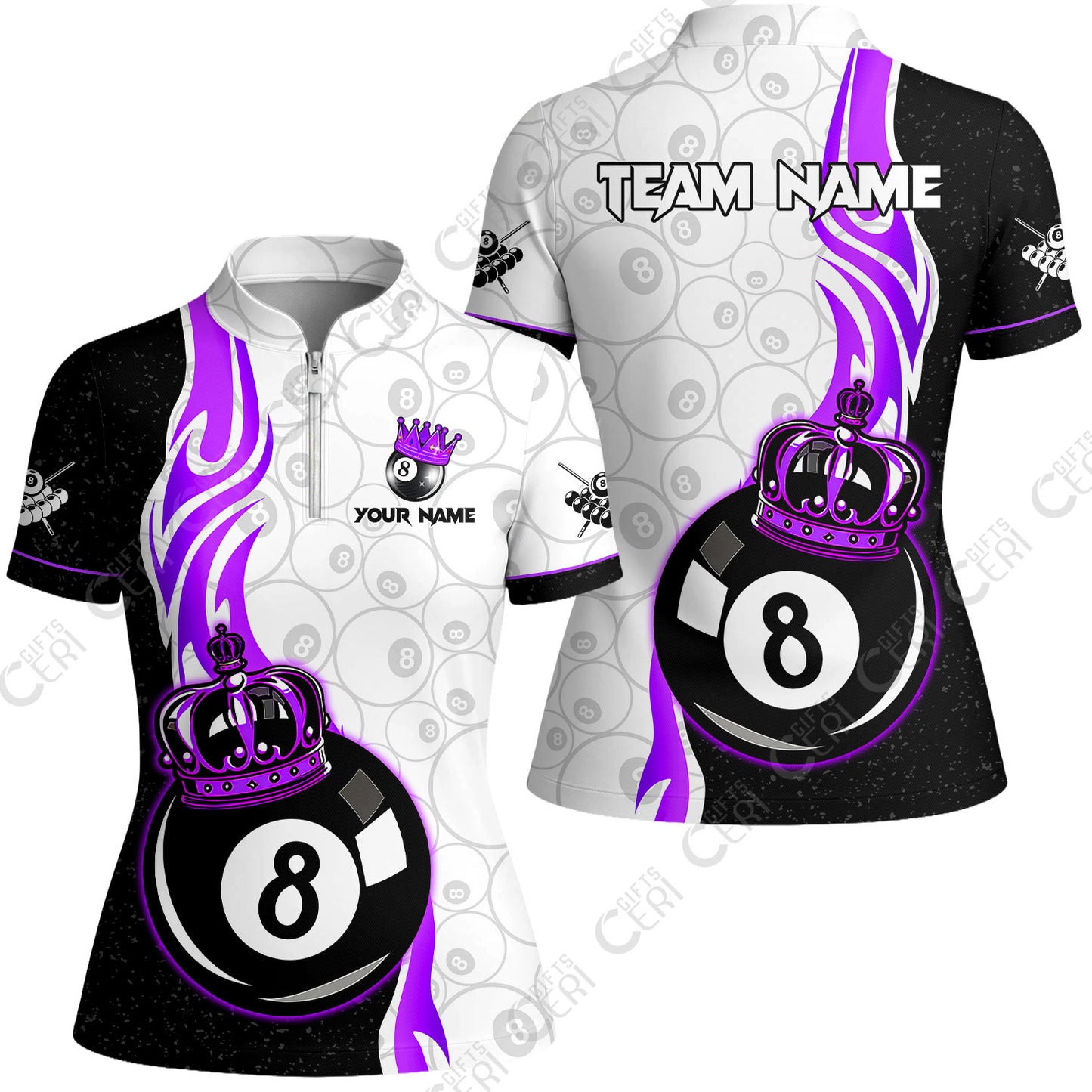 Customized Billiards Stand Collar Quarter Zip Short Sleeve Women's Shirt, Personalized 8 Ball Pool Crown Billiard Jersey